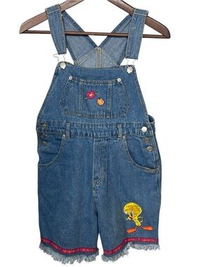 90s Cartoon VTG Looney Tunes Tweety Bird Denim Short Bib Overalls Sz Small